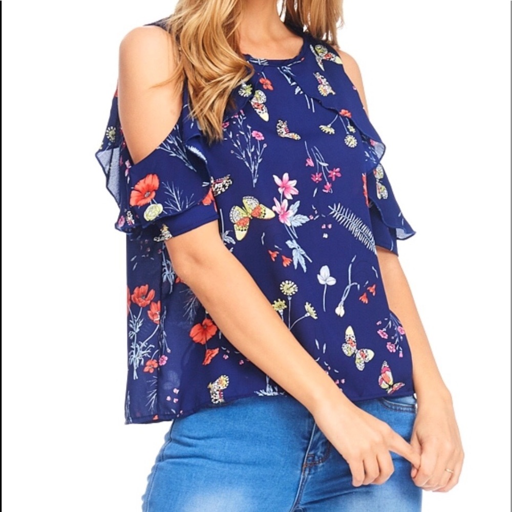 Navy Blue Floral/Butterfly open shoulder blouse